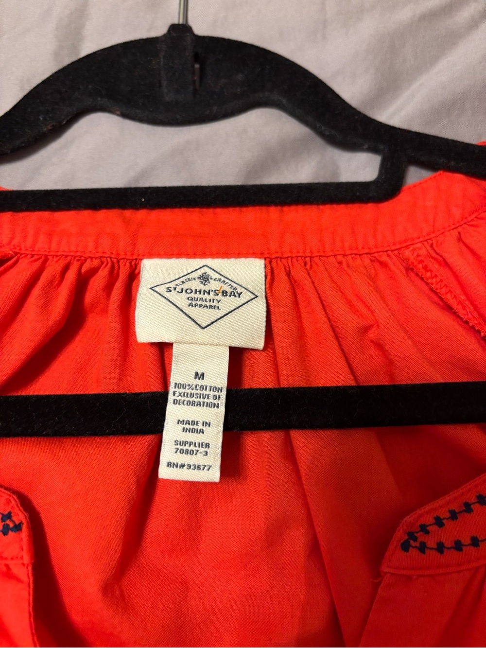 St. John’s Bay 100% Cotton Embroidered Peasant Blouse Orange Medium - Picture 11 of 16